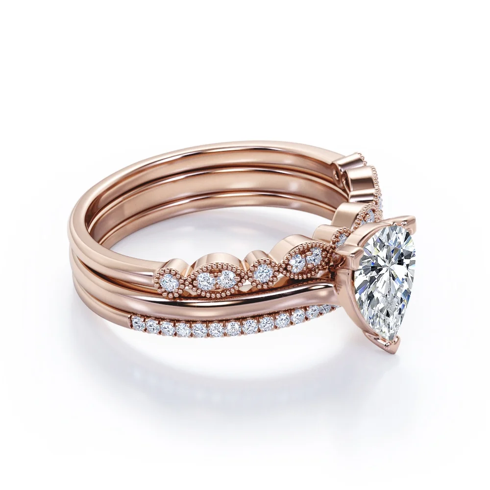 Art Deco 2 Carat Pear Cut Moissanite Pave Trio Set