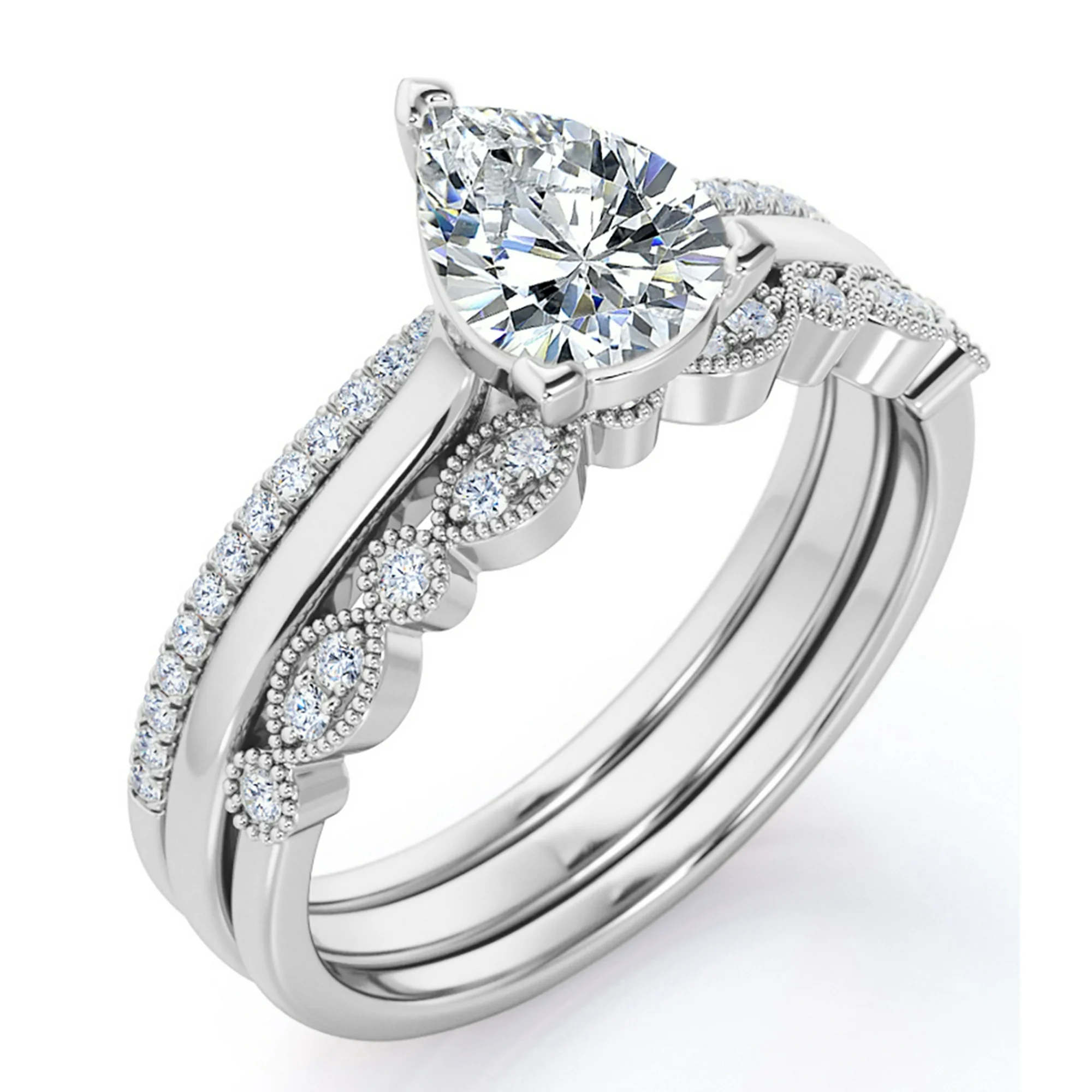 Art Deco 2 Carat Pear Cut Moissanite Pave Trio Set