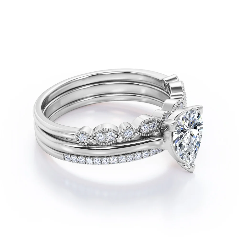 Art Deco 2 Carat Pear Cut Moissanite Pave Trio Set