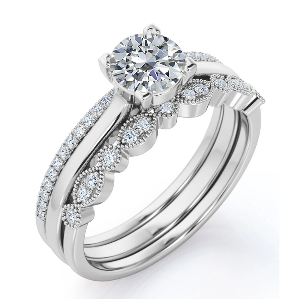 Antique 2 Carat Round Moissanite Pave Trio Ring Set