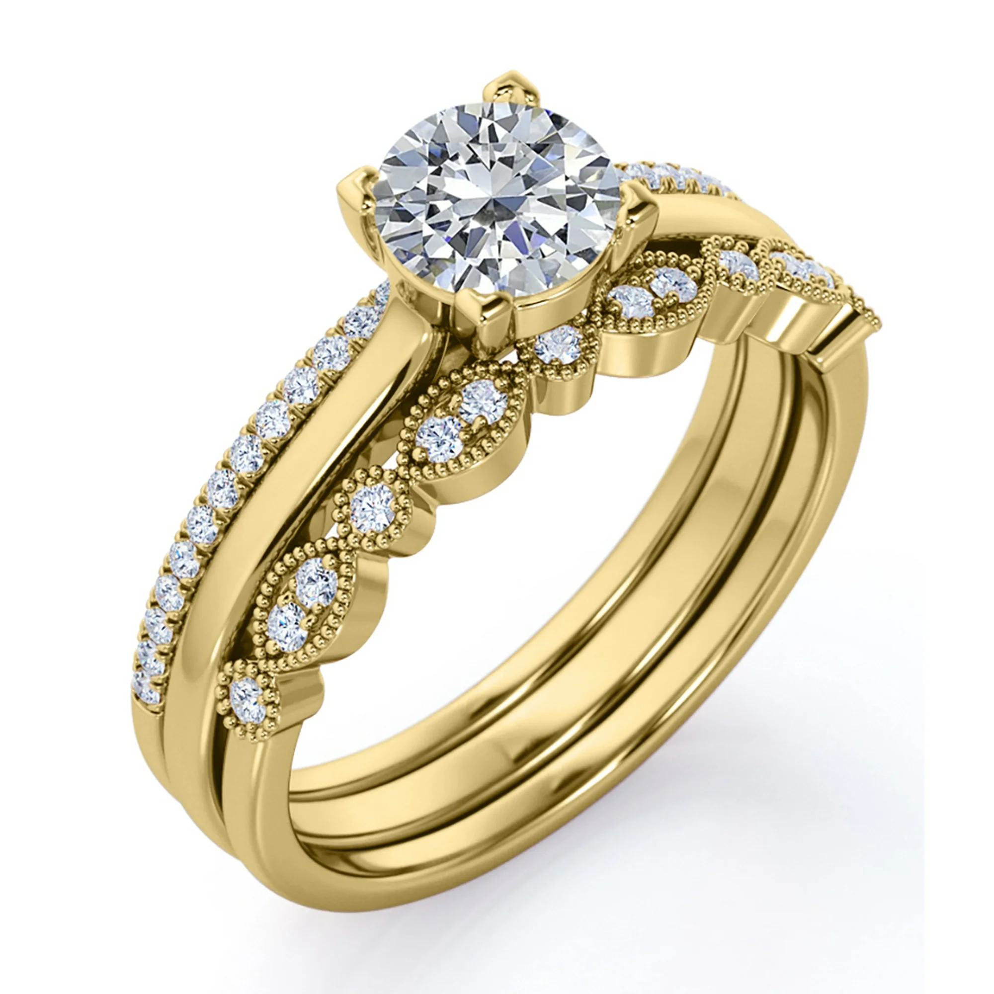 Antique 2 Carat Round Moissanite Pave Trio Ring Set