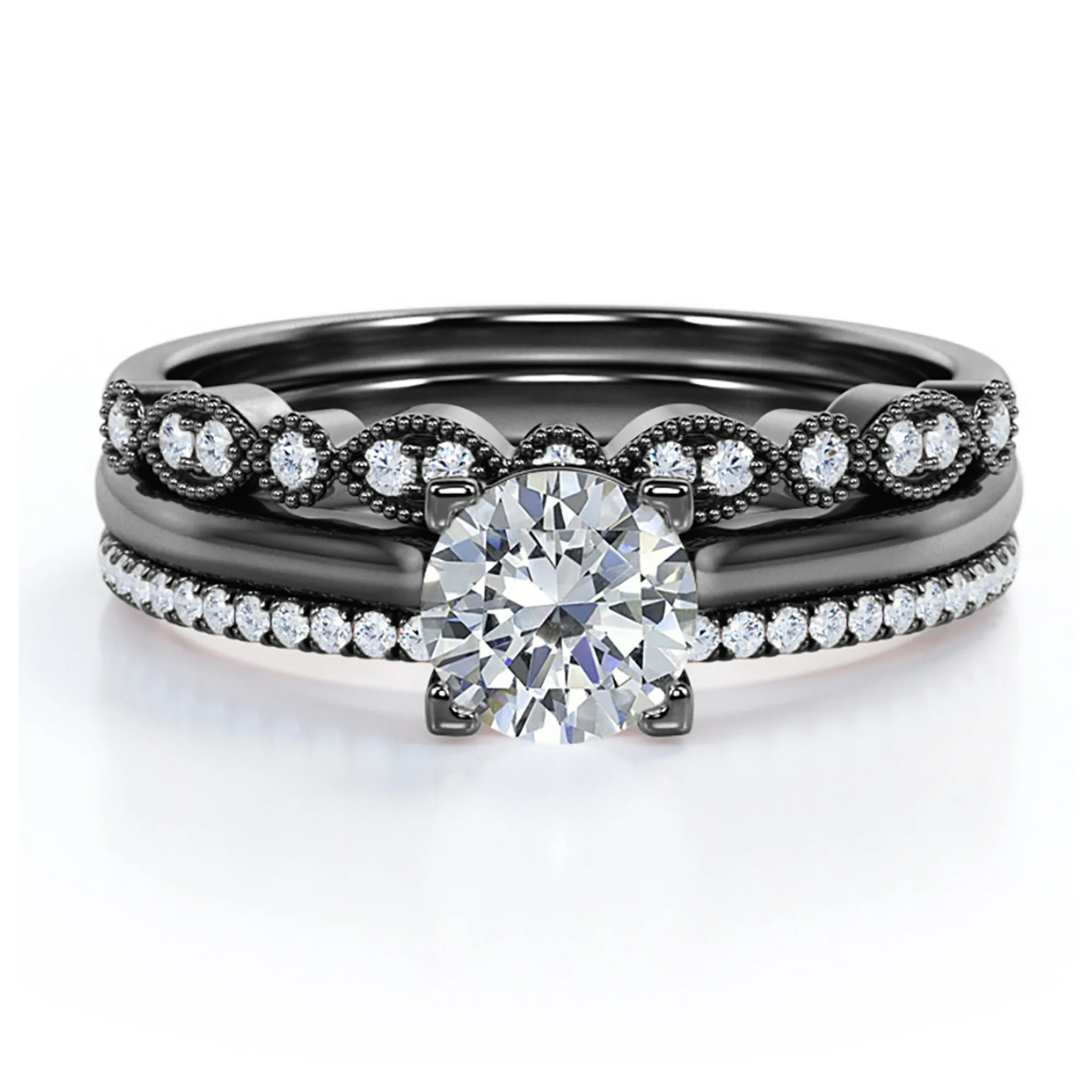 Antique 2 Carat Round Moissanite Pave Trio Ring Set