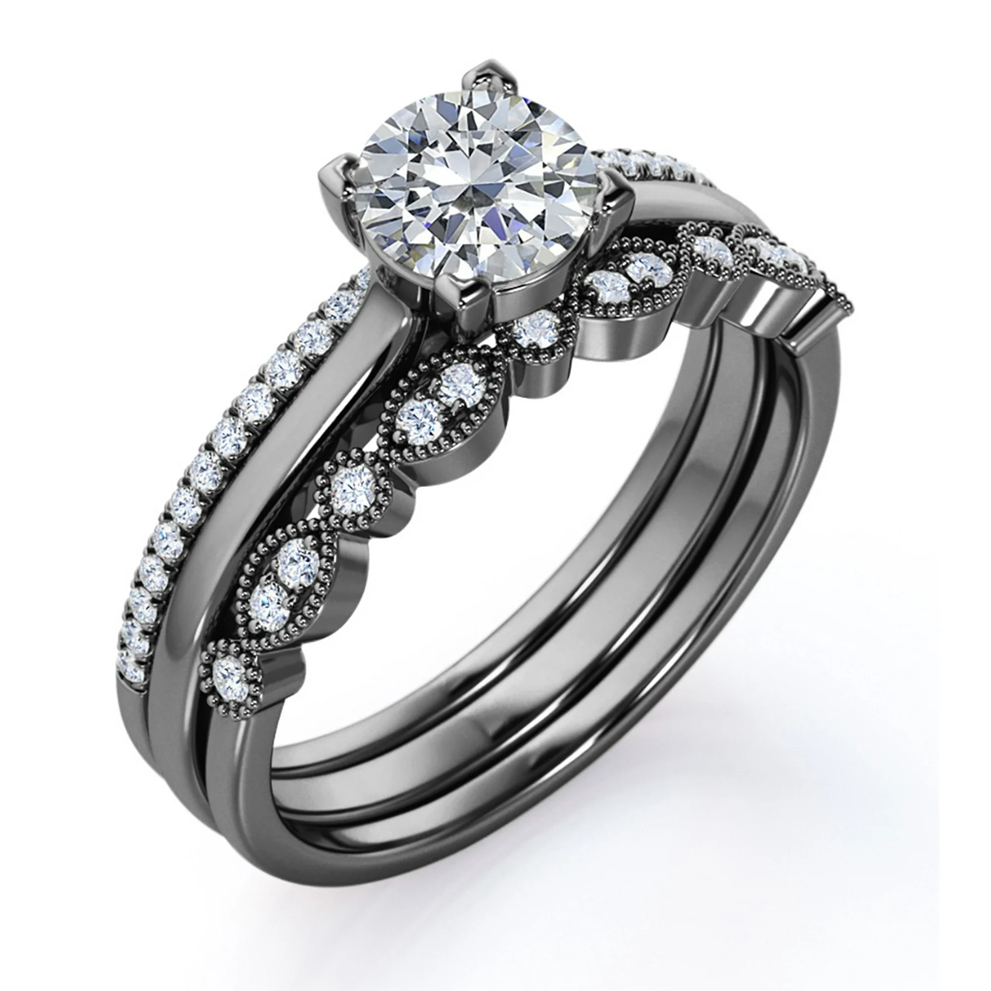 Antique 2 Carat Round Moissanite Pave Trio Ring Set