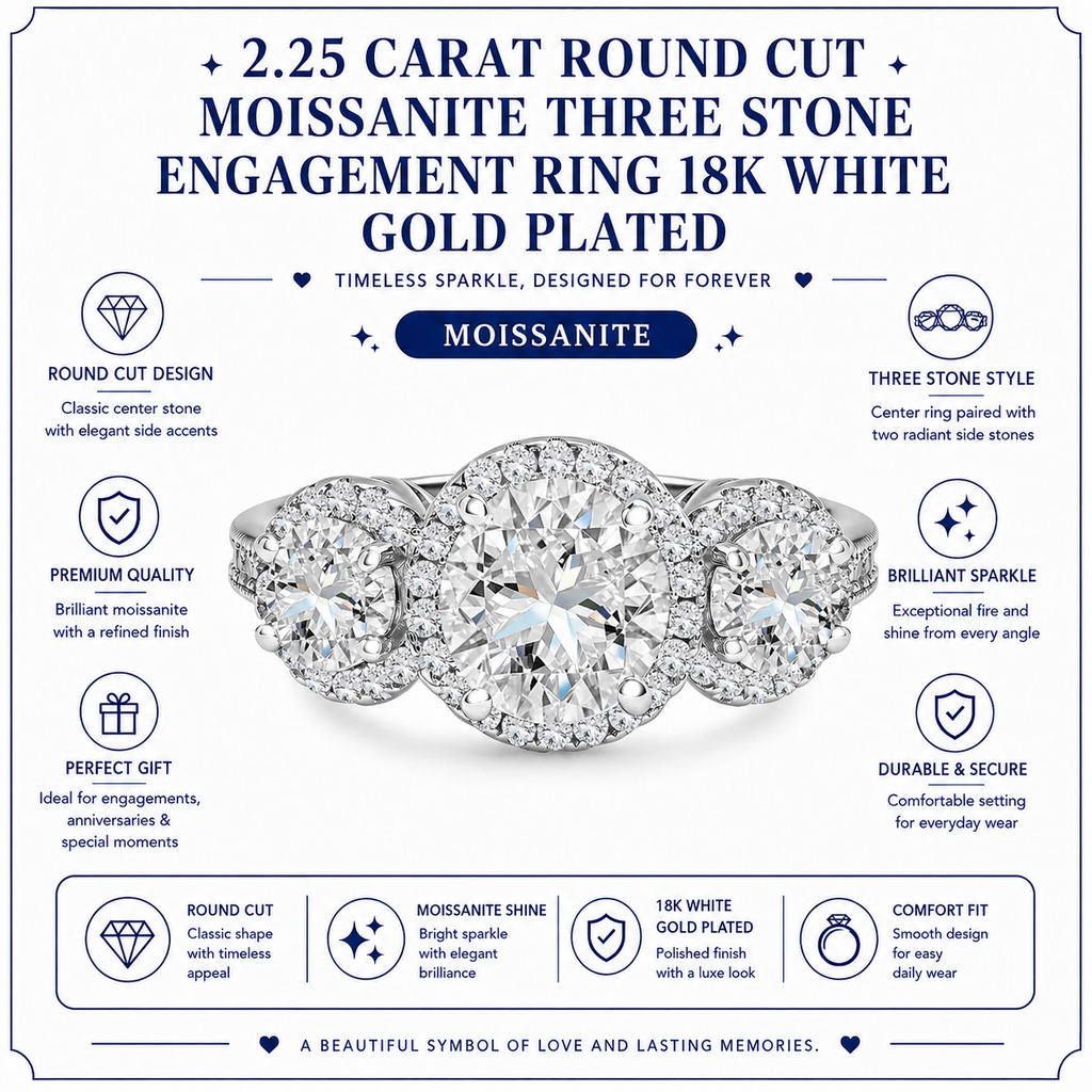 JeenMata 2.25 Carat Round Brilliant Cut Moissanite - Three Stone Engagement Rings in 18K White Gold Plating for Women