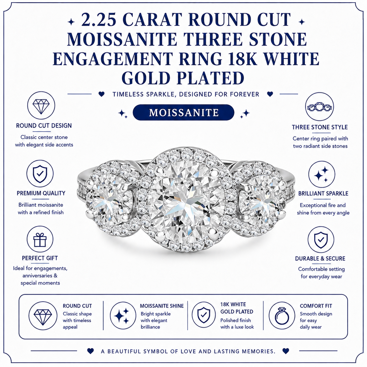 JeenMata 2.25 Carat Round Brilliant Cut Moissanite - Three Stone Engagement Rings in 18K White Gold Plating for Women