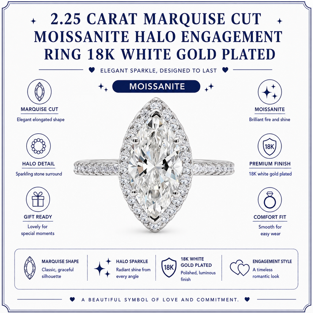 JeenMata 2.25 Carat Marquise Cut Moissanite Halo Engagement Ring for Women, Marquise Solitaire with Round Halo Accents in 18K White Gold Plating For Women