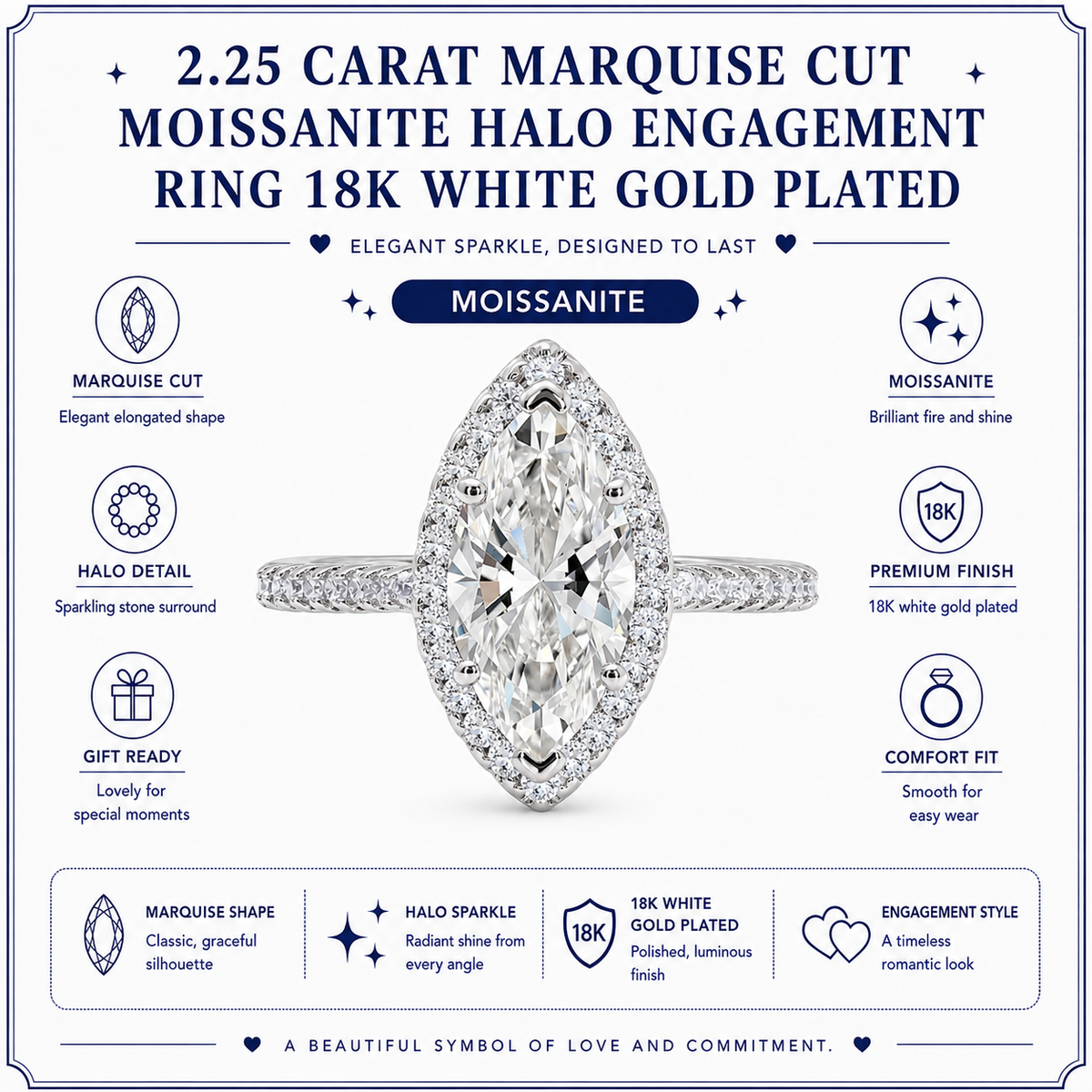 JeenMata 2.25 Carat Marquise Cut Moissanite Halo Engagement Ring for Women, Marquise Solitaire with Round Halo Accents in 18K White Gold Plating For Women