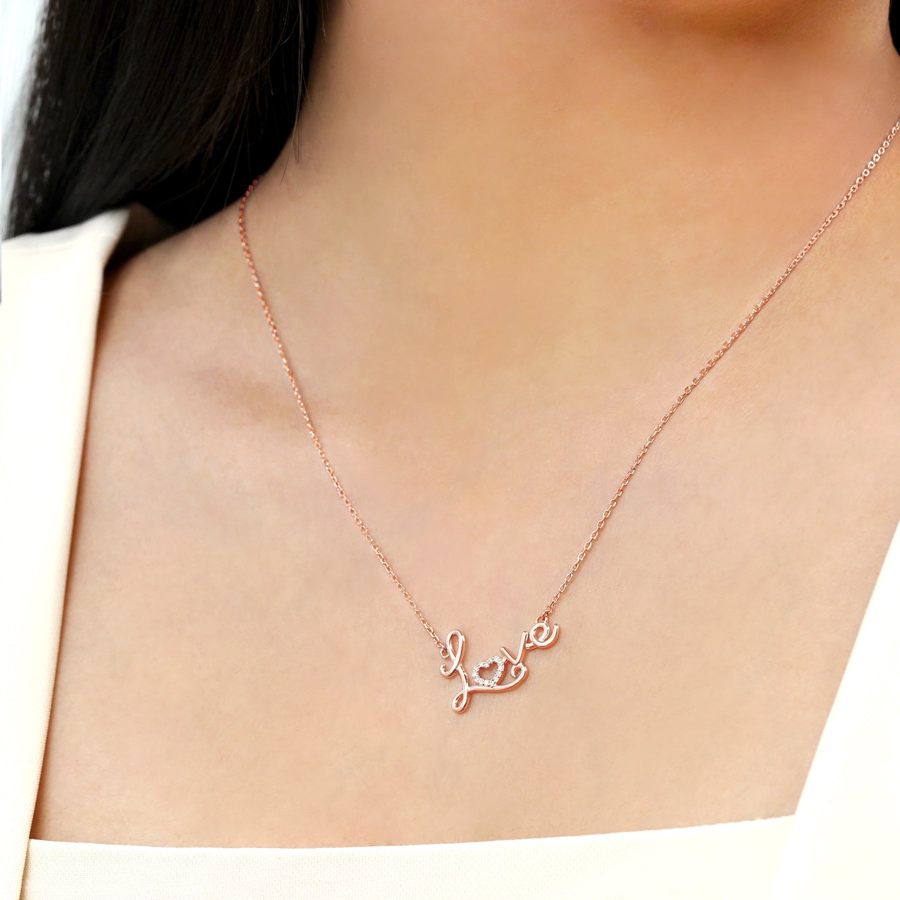 Enchanting Love Real Diamond Pendant Necklace in 18K White Gold over Silver