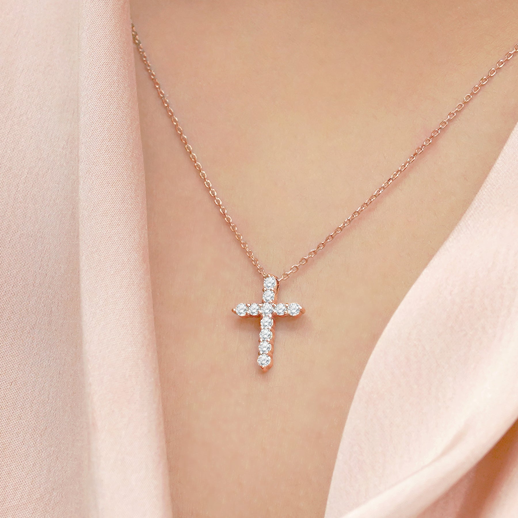 Certified Lab Grown Diamond Cross Pendant Necklace in 18K Rose Gold over Silver