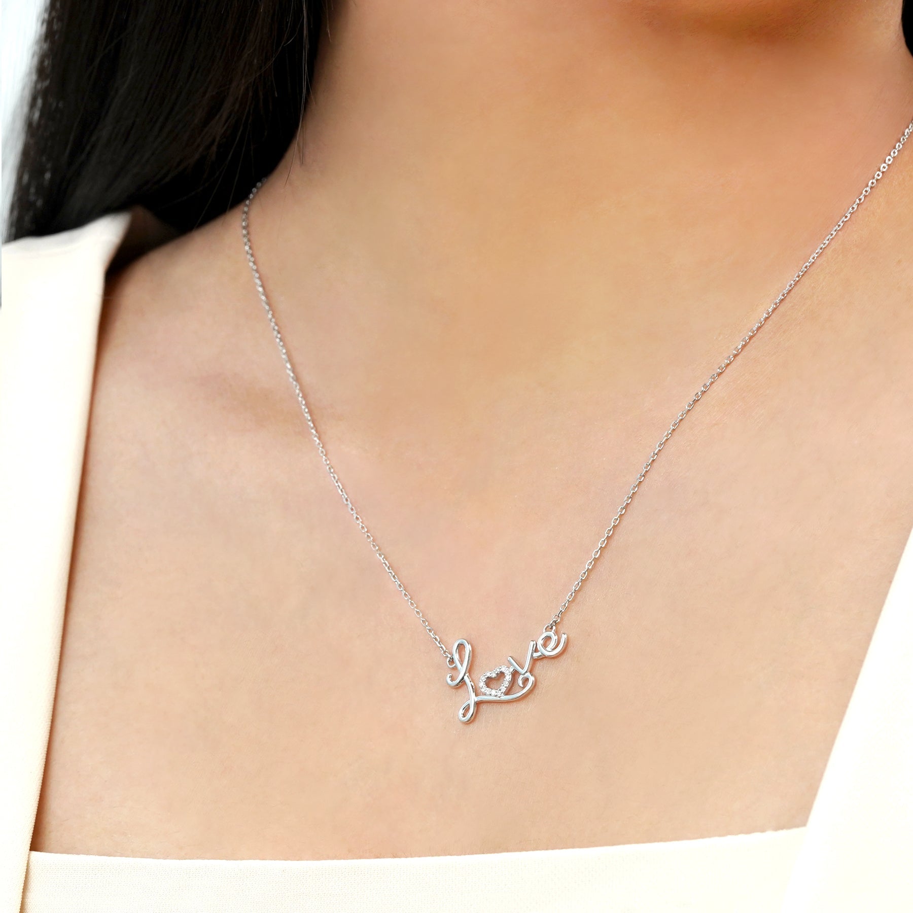 Enchanting Love Real Diamond Pendant Necklace in 18K White Gold over Silver