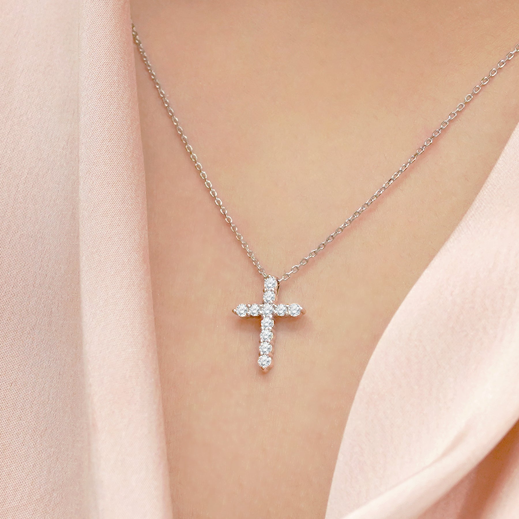 Certified Lab Grown Diamond Cross Pendant Necklace in 18K Rose Gold over Silver