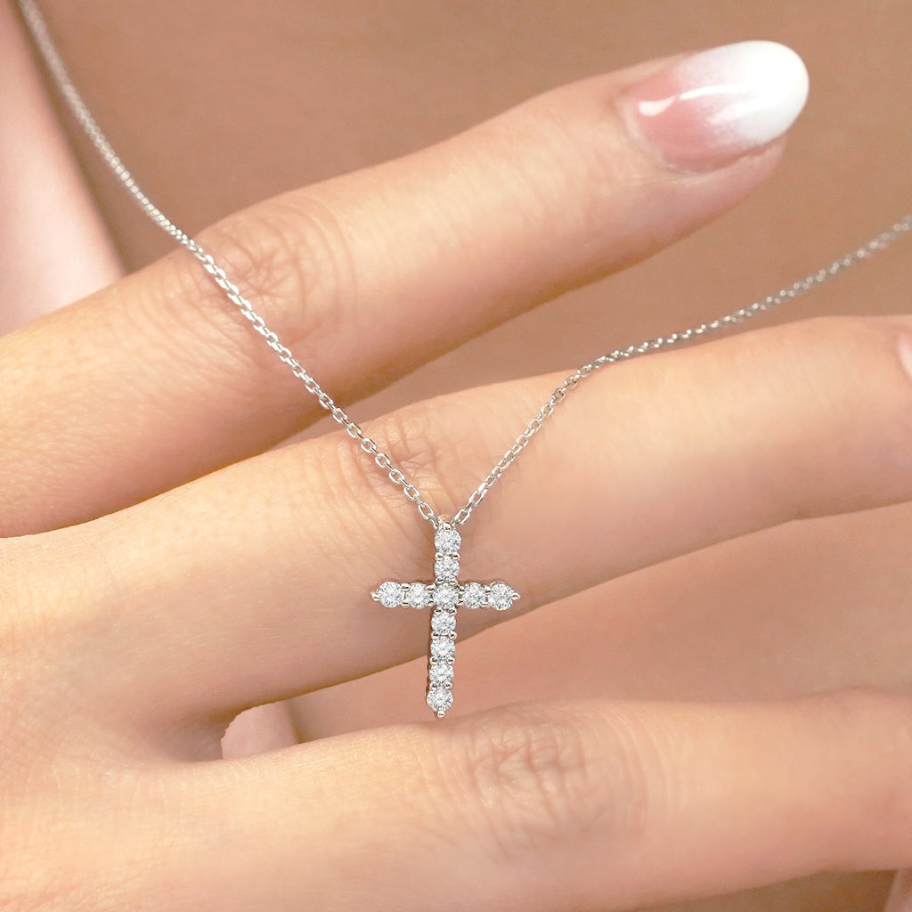 Certified Lab Grown Diamond Cross Pendant Necklace in 18K Rose Gold over Silver