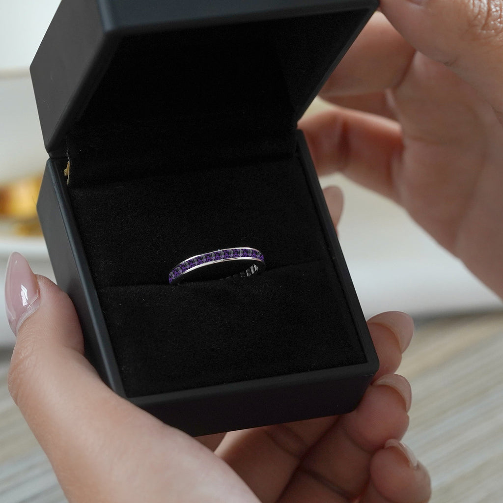 2 Carat Princess Cut February - Amethyst - Birthstone Channel Set Wedding Band - Eternity Wedding Ring in 18K White Gold Over Silver