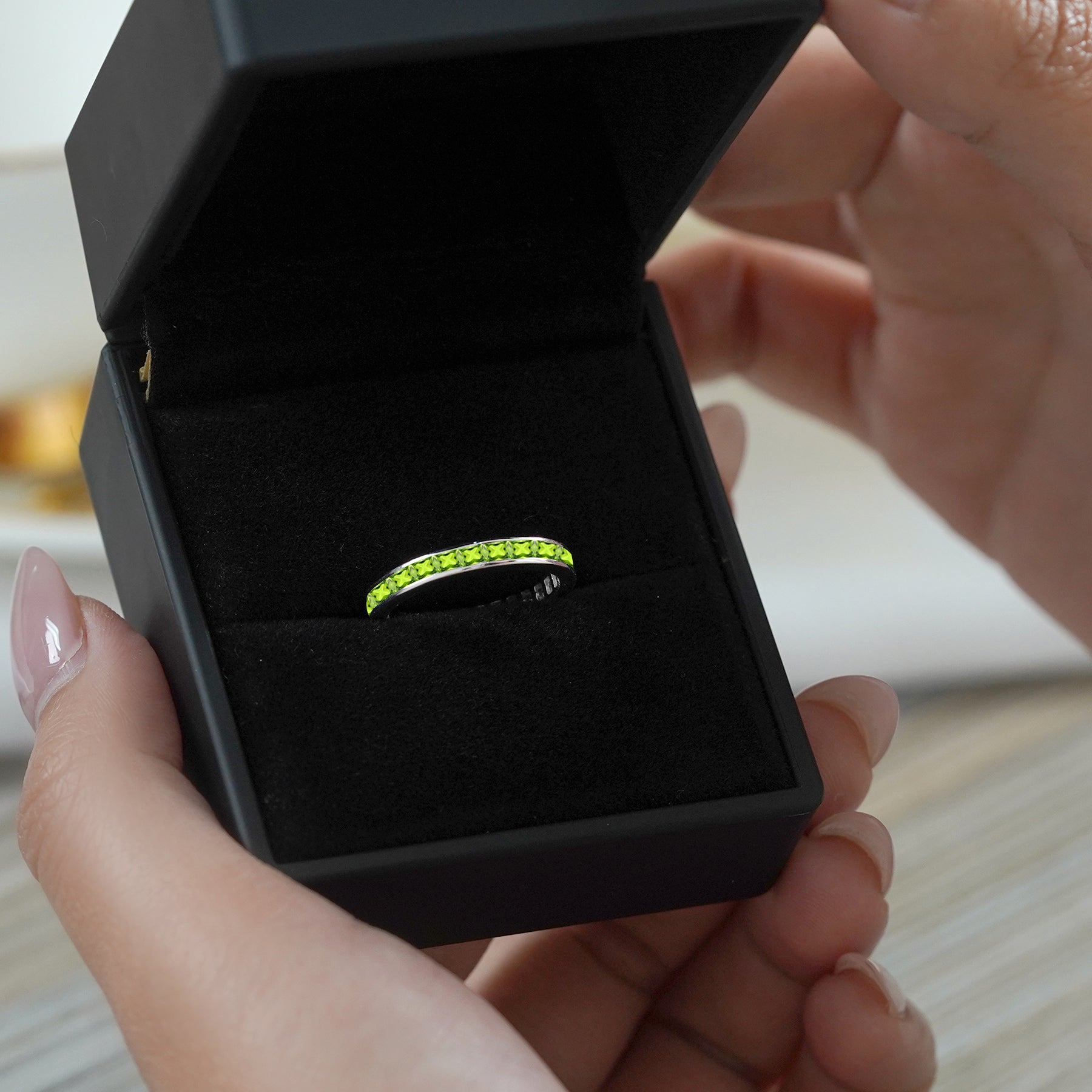 2 Carat Princess Cut August - Peridot - Birthstone Channel Set Wedding Band - Eternity Wedding Ring in 18K White Gold Over Silver
