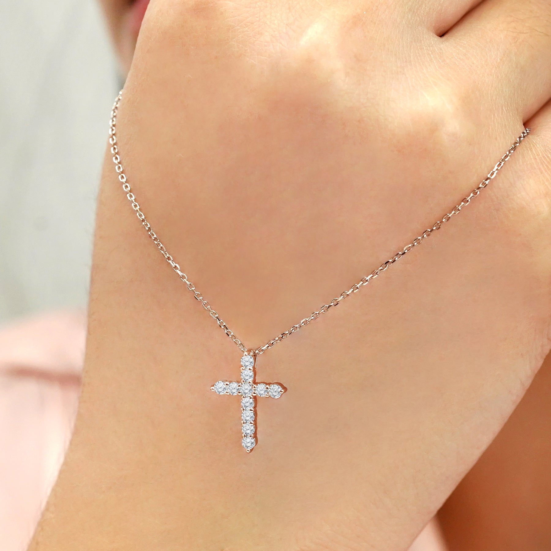 Certified Lab Grown Diamond Cross Pendant Necklace in 18K Rose Gold over Silver