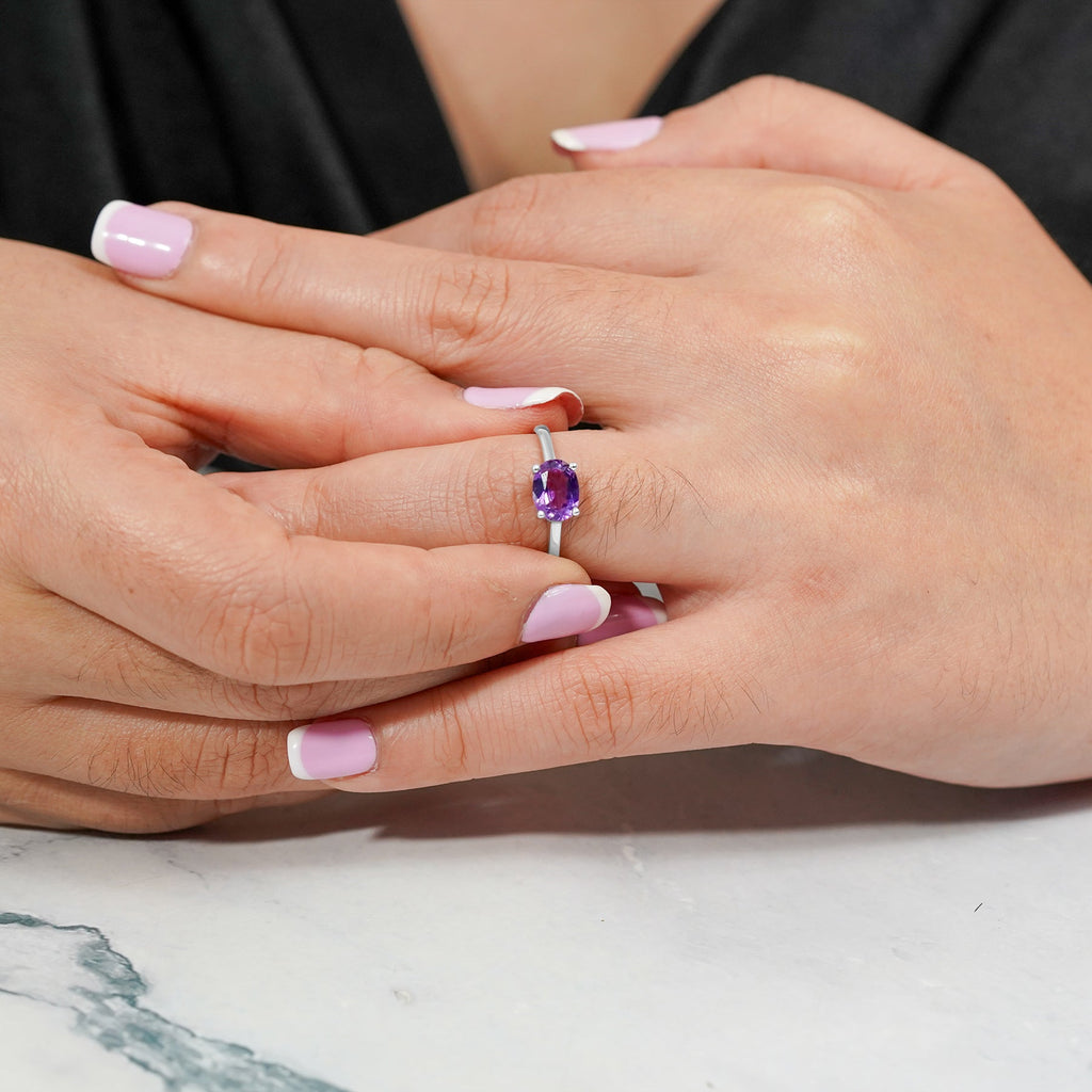1.25 Carat Oval Cut Amethyst SWAROVSKI - February Birthstone Solitaire Engagement Ring in 18k White Gold Over Silver