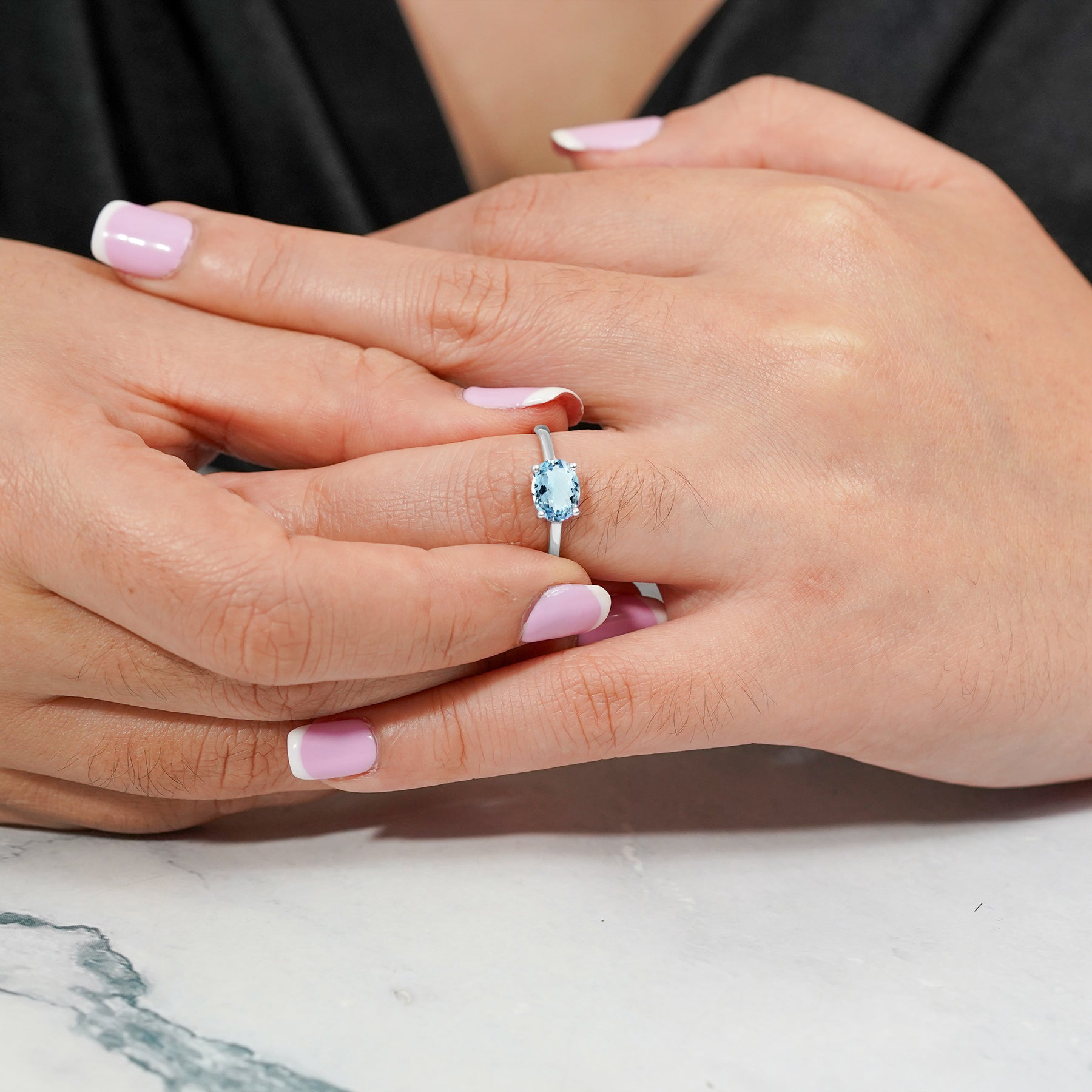 1.25 Carat Oval Cut Aquamarine SWAROVSKI - March Birthstone Solitaire Engagement Ring in 18k White Gold Over Silver