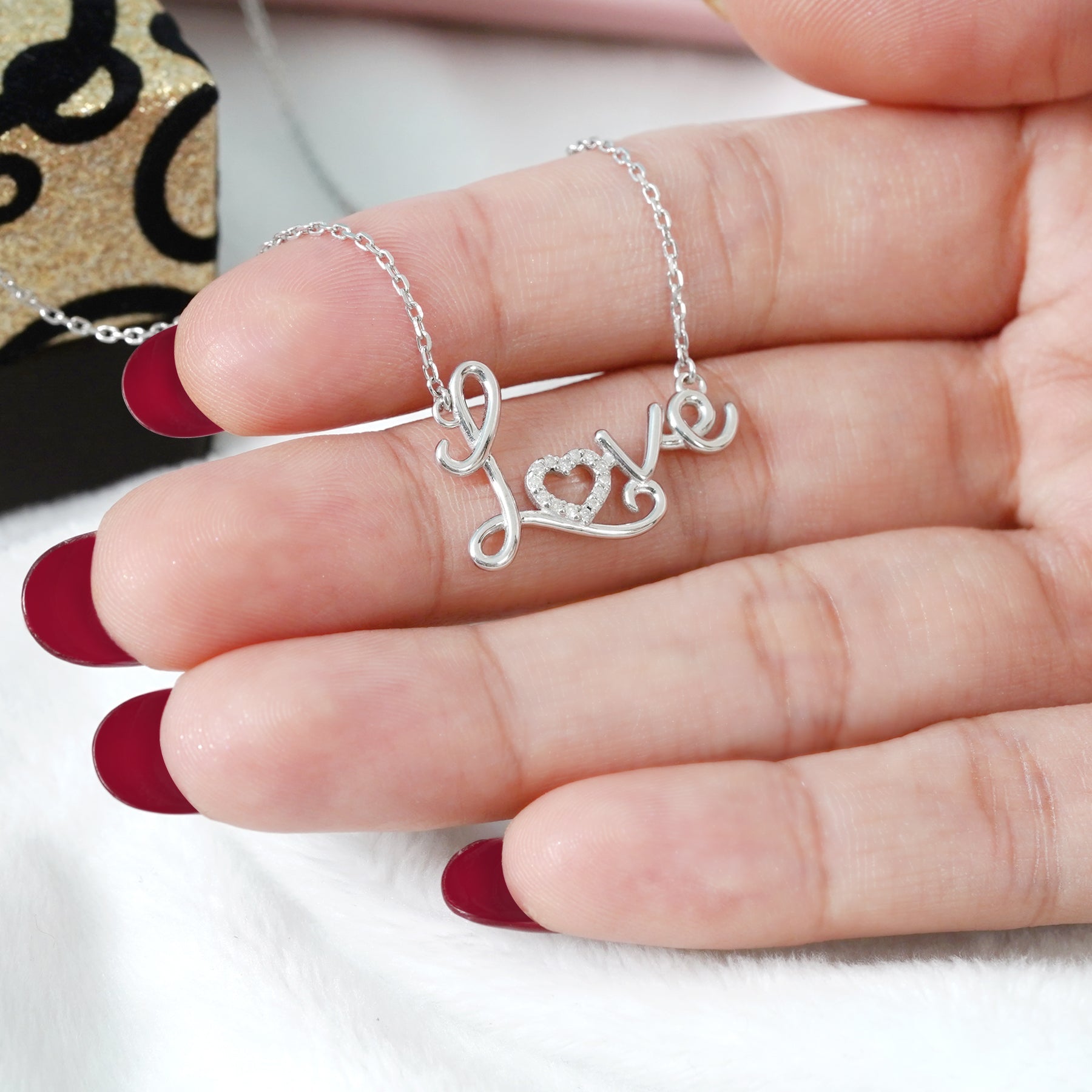 Enchanting Love Real Diamond Pendant Necklace in 18K White Gold over Silver