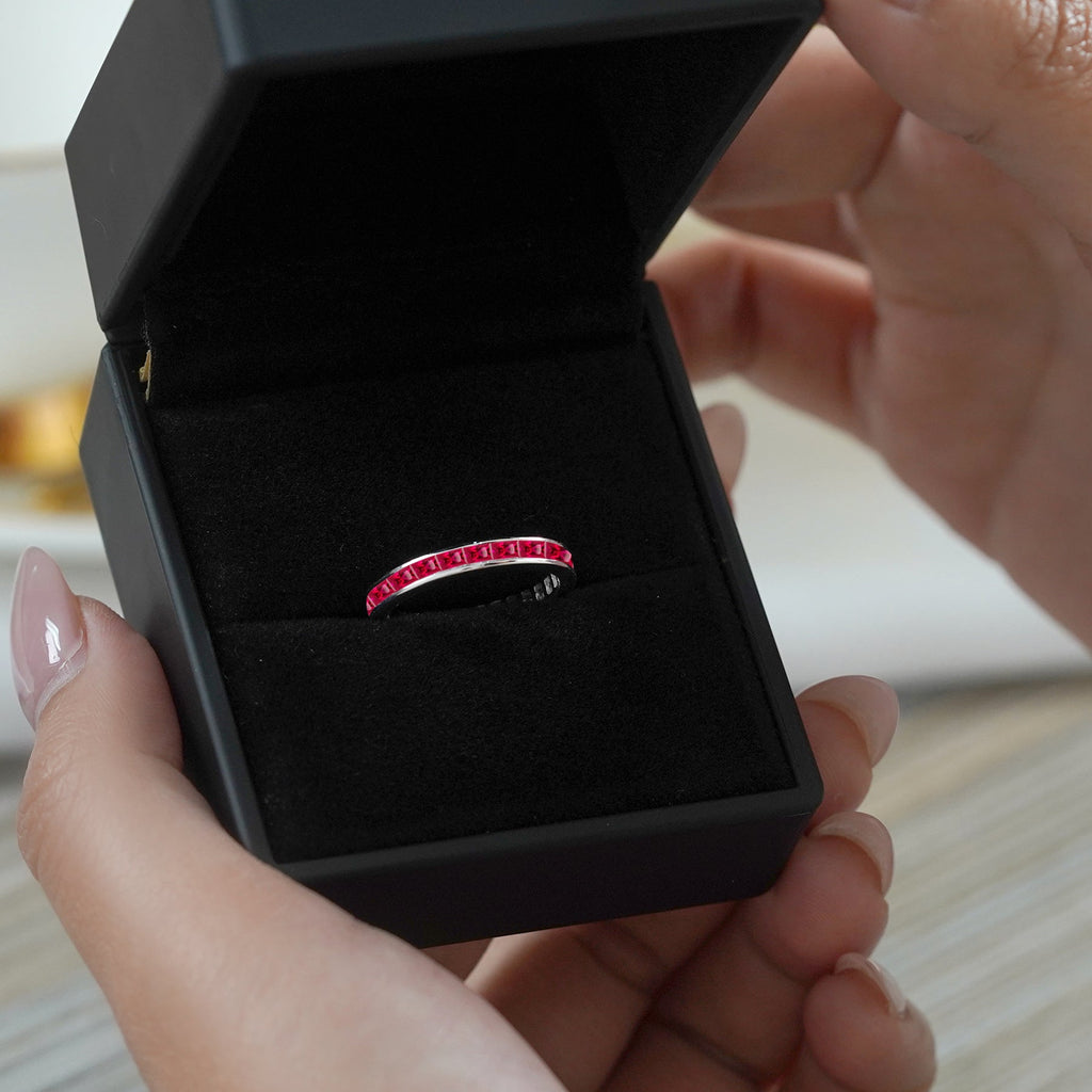 2 Carat Princess Cut July - Ruby - Birthstone Channel Set Wedding Band - Eternity Wedding Ring in 18K White Gold Over Silver