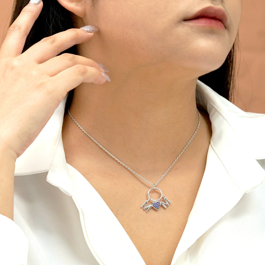 Circle Pendant with MOM Charms Pendant Necklace in 18K White Gold over Silver - Multi-Color Purple Stone Embellished - June Birthstone