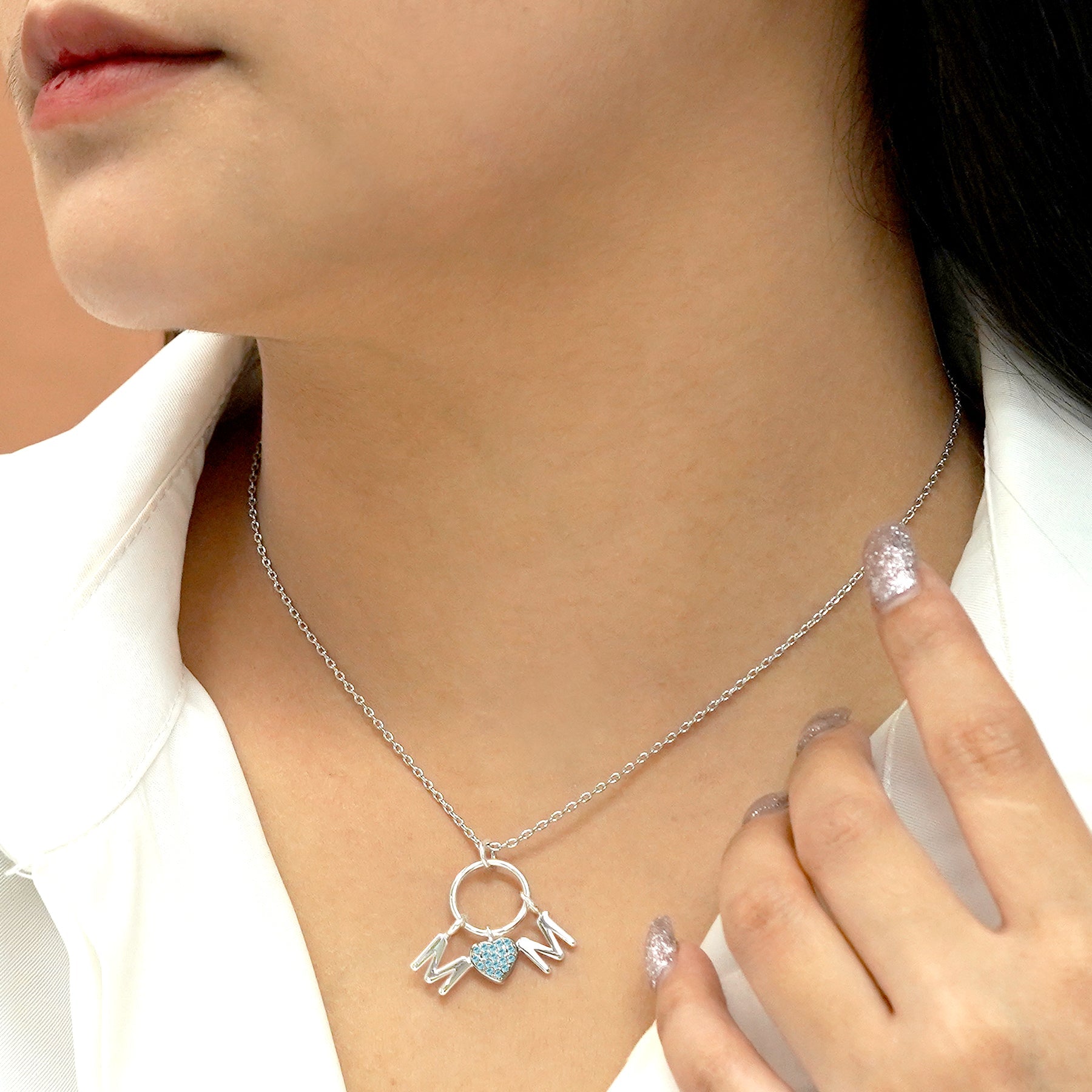 Circle Pendant with MOM Charms Pendant Necklace in 18K White Gold over Silver - Light Blue Stone Embellished - December Birthstone