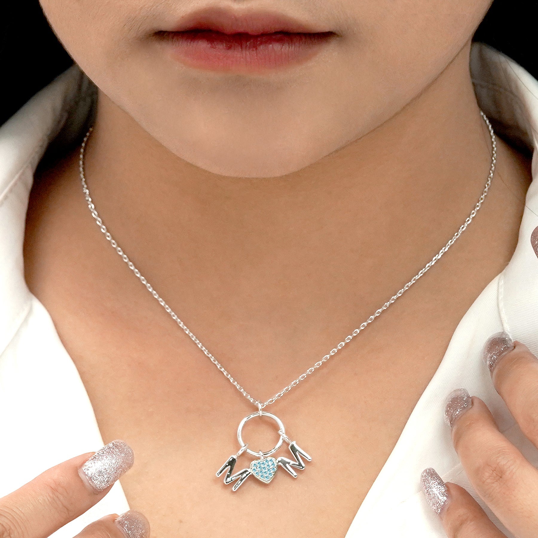 Circle Pendant with MOM Charms Pendant Necklace in 18K White Gold over Silver - Light Blue Stone Embellished - December Birthstone