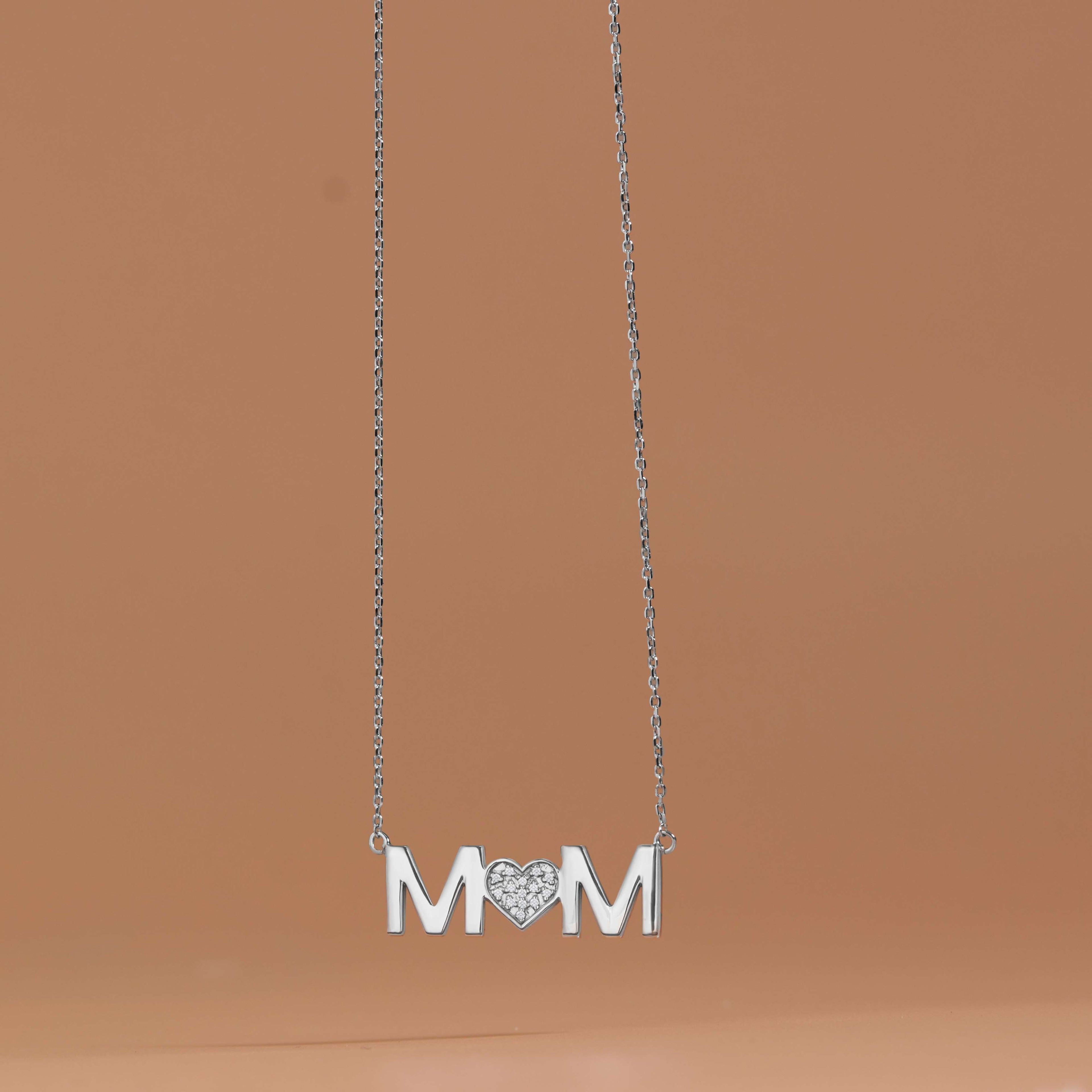MOM Pendant Necklace - Moissanite Stone - April Birthstone in 18K White Gold over Sterling Silver