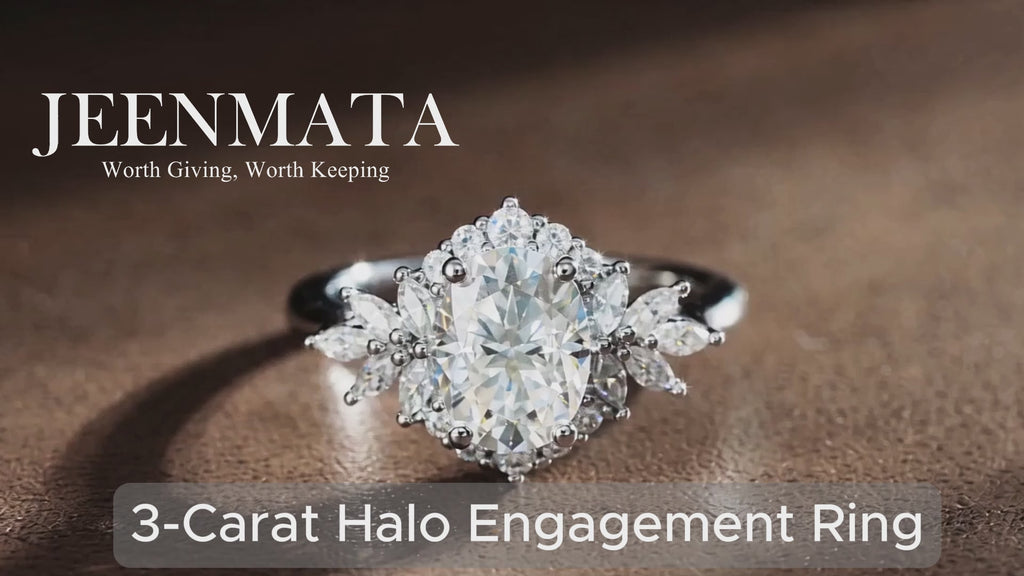 JeenMata 3 Carat Oval Cut Moissanite - Halo Engagement Ring in 18K White Gold Plating for Women