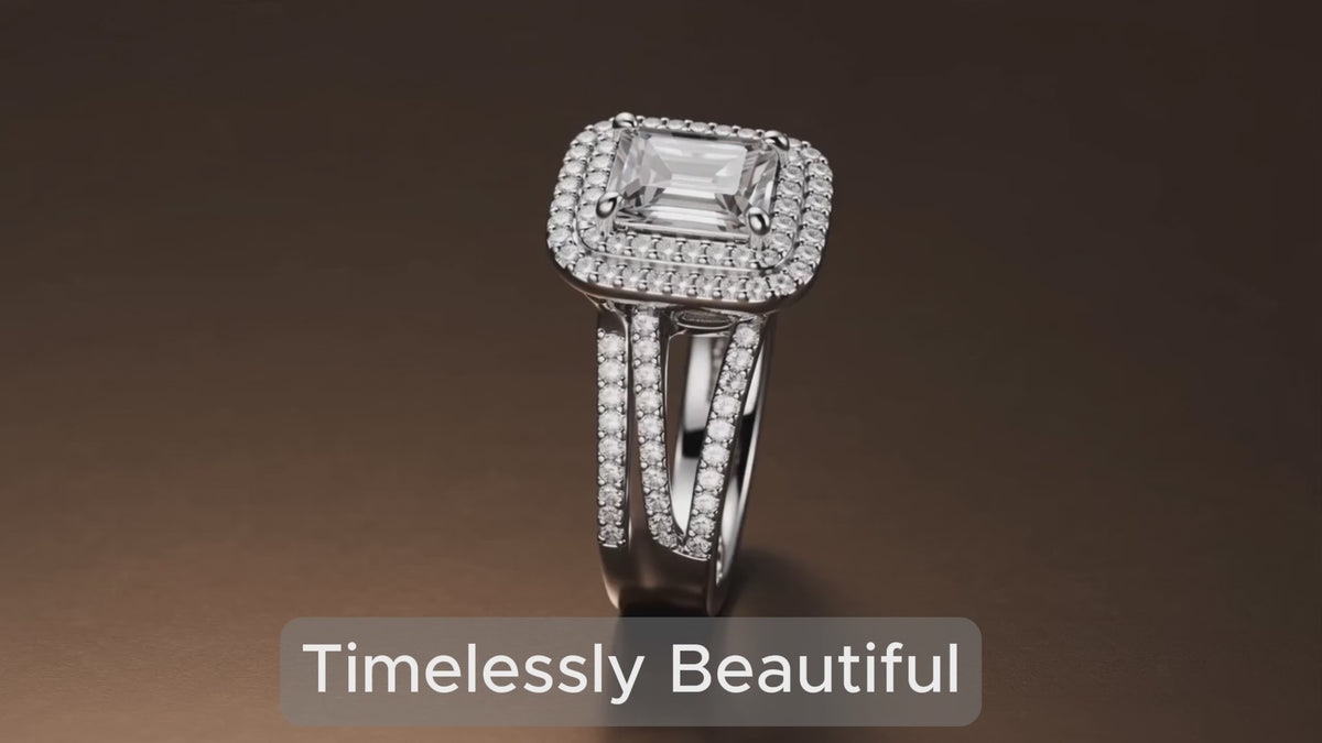 JeenMata 2.75 Carat Emerald Cut Moissanite Double Halo Split Shank Engagement Ring Set in 18K White Gold Plated for Women