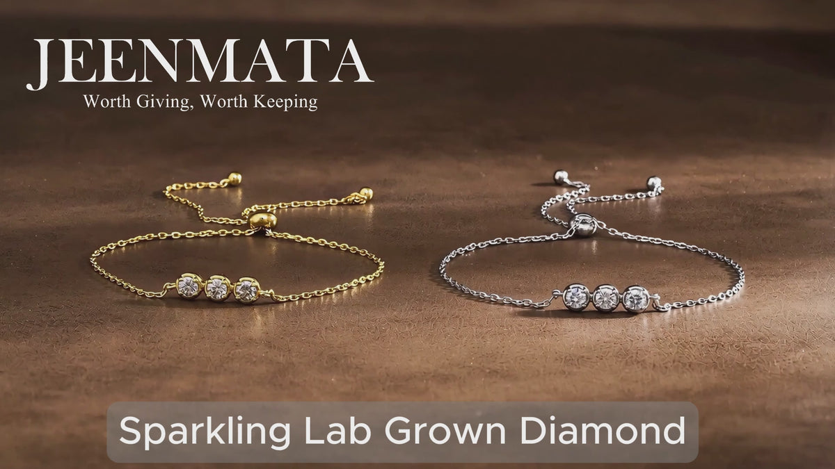 JeenMata Lab Grown Diamond Three Stones Bracelet - Adjustable Slider Yellow Gold Plating Bracelet for Women