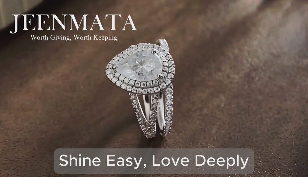 JeenMata 2.75 Carat Pear Cut Moissanite Double Halo Split Shank Engagement Ring Set in 18K White Gold Plated for Women