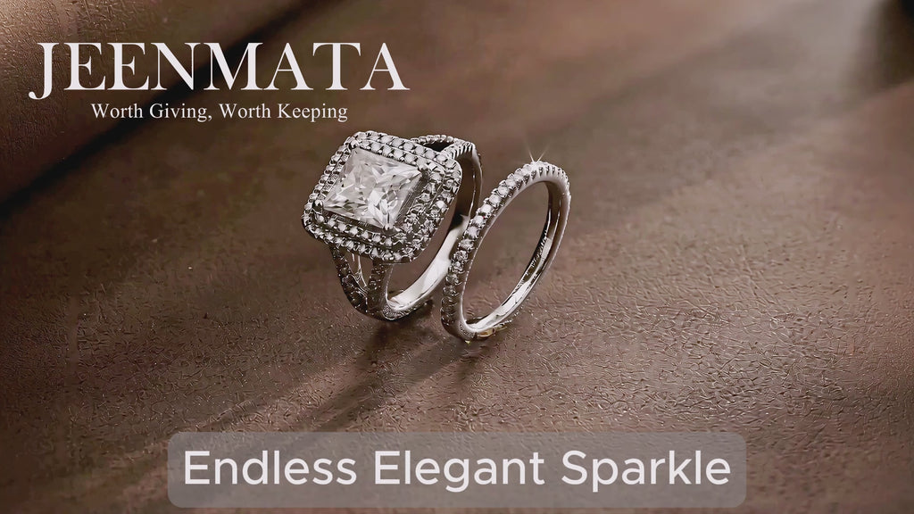 JeenMata 2.75 Carat Princess Cut Moissanite Double Halo Split Shank Engagement Ring Set in 18K White Gold Plated for Women