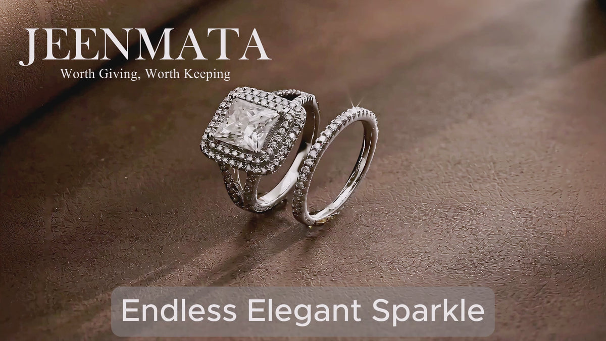 JeenMata 2.75 Carat Princess Cut Moissanite Double Halo Split Shank Engagement Ring Set in 18K White Gold Plated for Women