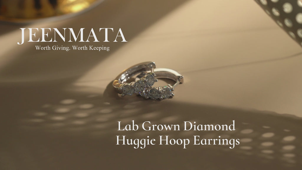 JeenMata 1 Carat Lab Grown Diamond Huggie Hoop Earring - Round Cut Three Stones Huggie Earrings in 18K White Gold Plating for Women, Gift for Her