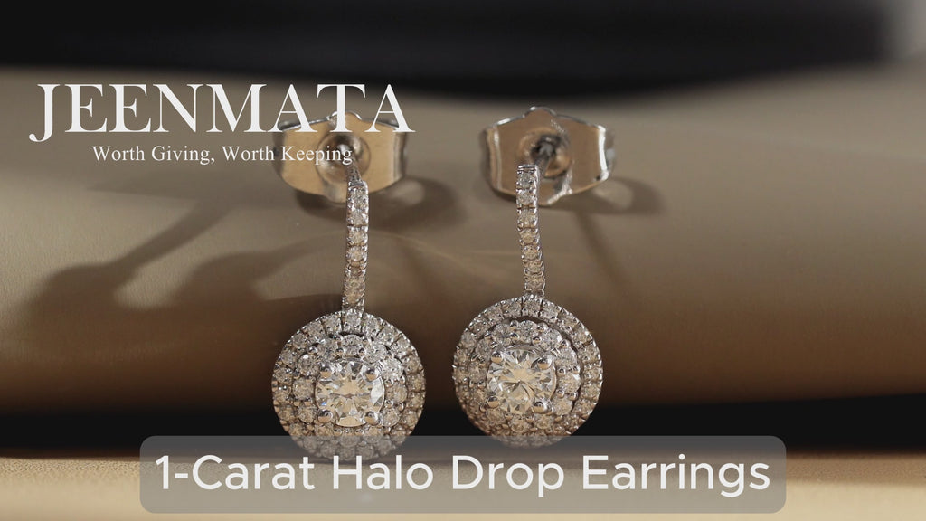 JeenMata 1 Carat Lab Grown Diamond Halo Drop Earrings - Round Cut Vintage Inspired Earrings in White Gold Plating