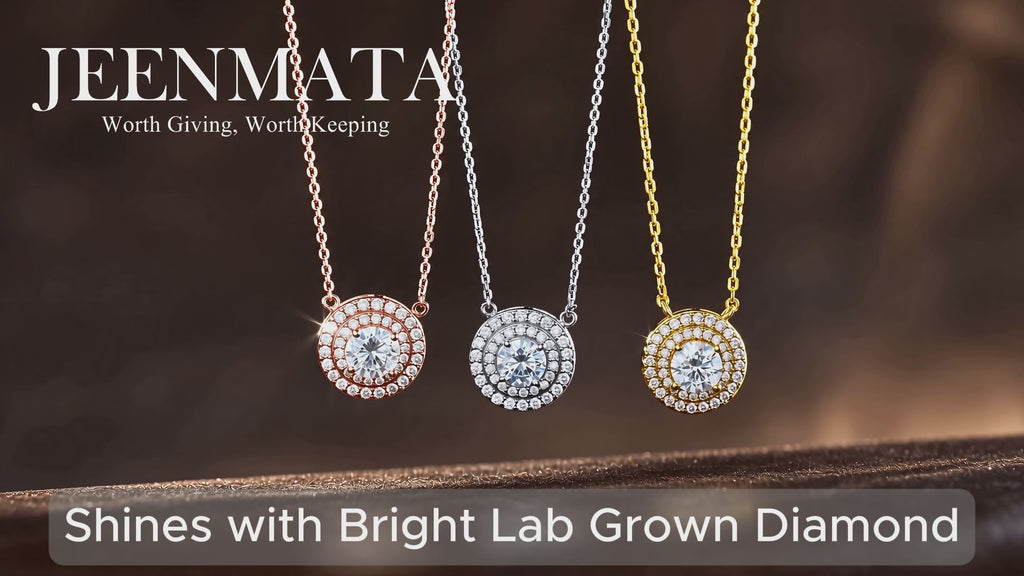 JeenMata Lab Grown Diamond 1 Carat Round Cut Double Halo Pendant Necklace in 18K White Gold Plating for Women