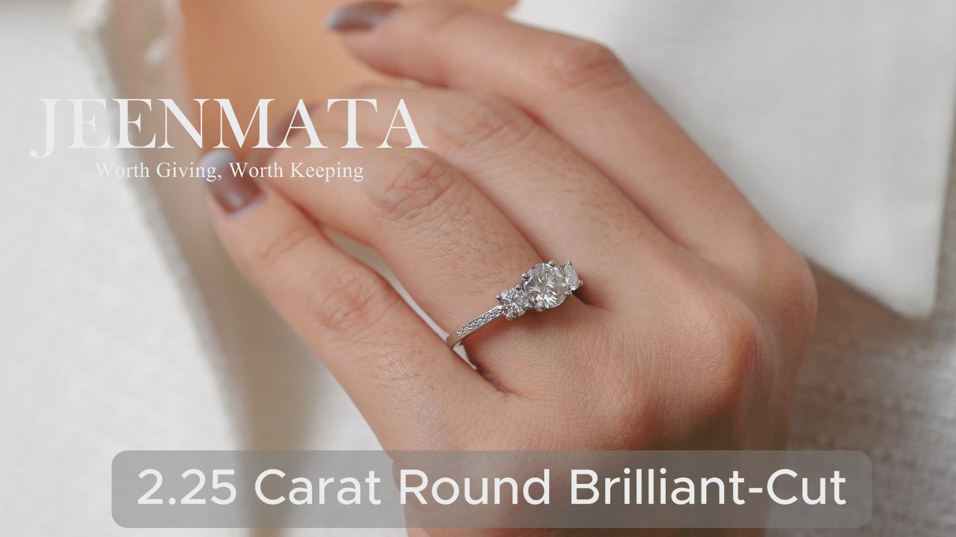 JeenMata 2.25 Carat Round Brilliant Cut Lab Grown Diamond-Three Stone Engagement Rings in 18K White Gold Plating for Women