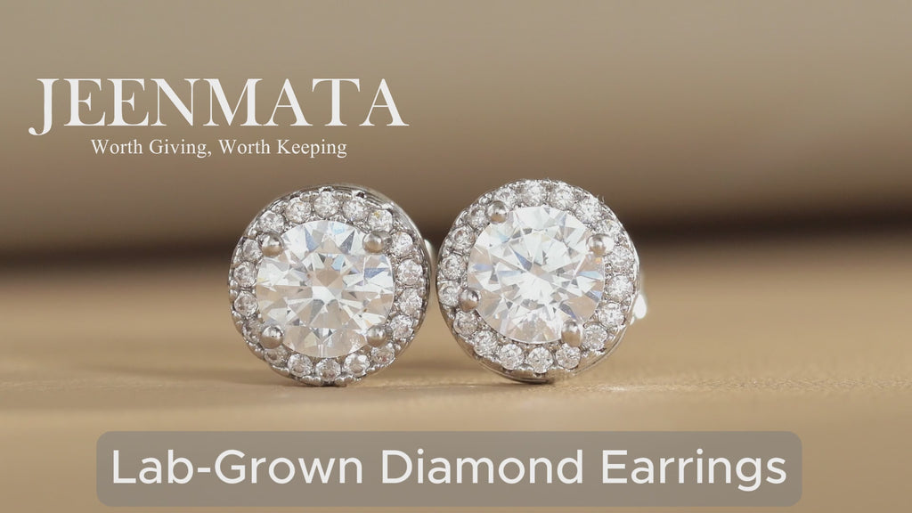 JeenMata Lab Grown Diamond 1 Carat Round Brilliant Cut Halo Stud Earrings in 18K White Gold Plating for Women