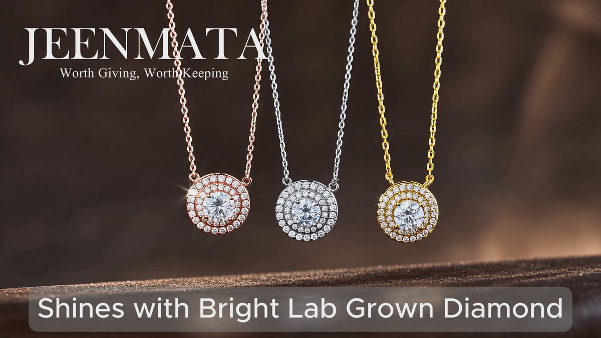 JeenMata Lab Grown Diamond 1 Carat Round Cut Double Halo Pendant Necklace in 18K Yellow Gold Plating for Women