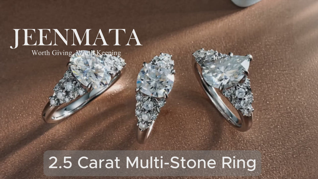 JeenMata 2.5 Carat Oval Cut Moissanite - Multi-Stone Engagement Ring in 18K White Gold Plating for Women