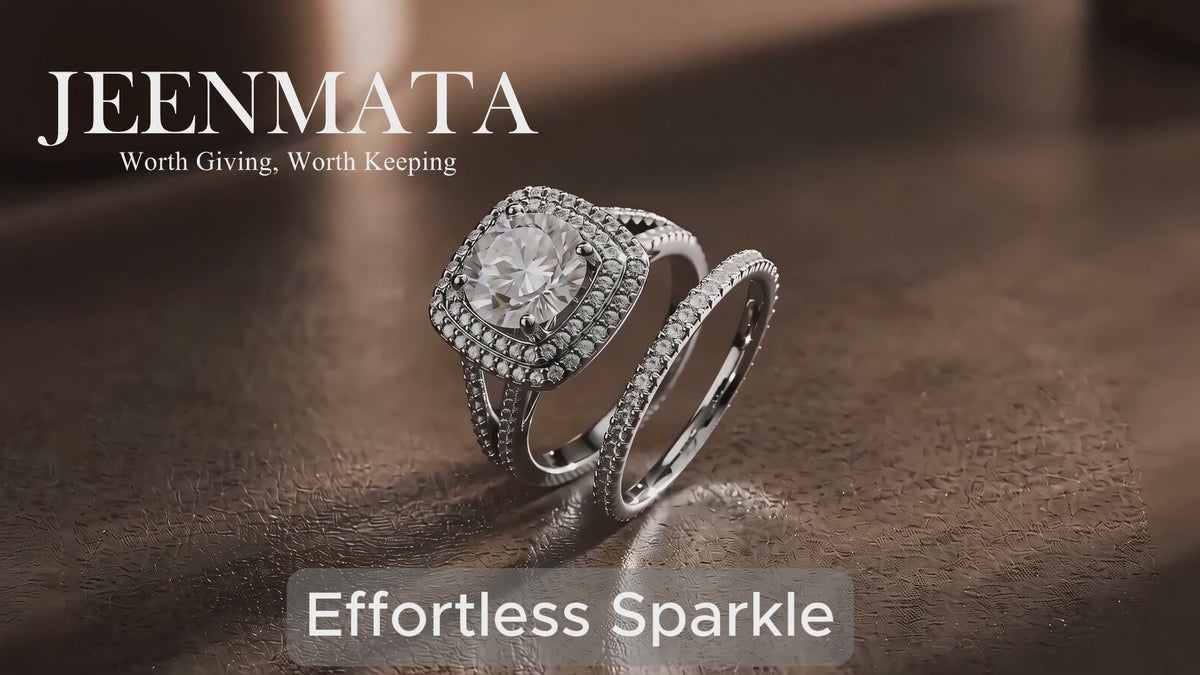 JeenMata 2.75 Carat Round Brilliant Cut Moissanite Double Halo Split Shank Engagement Ring Set in 18K White Gold Plated for Women
