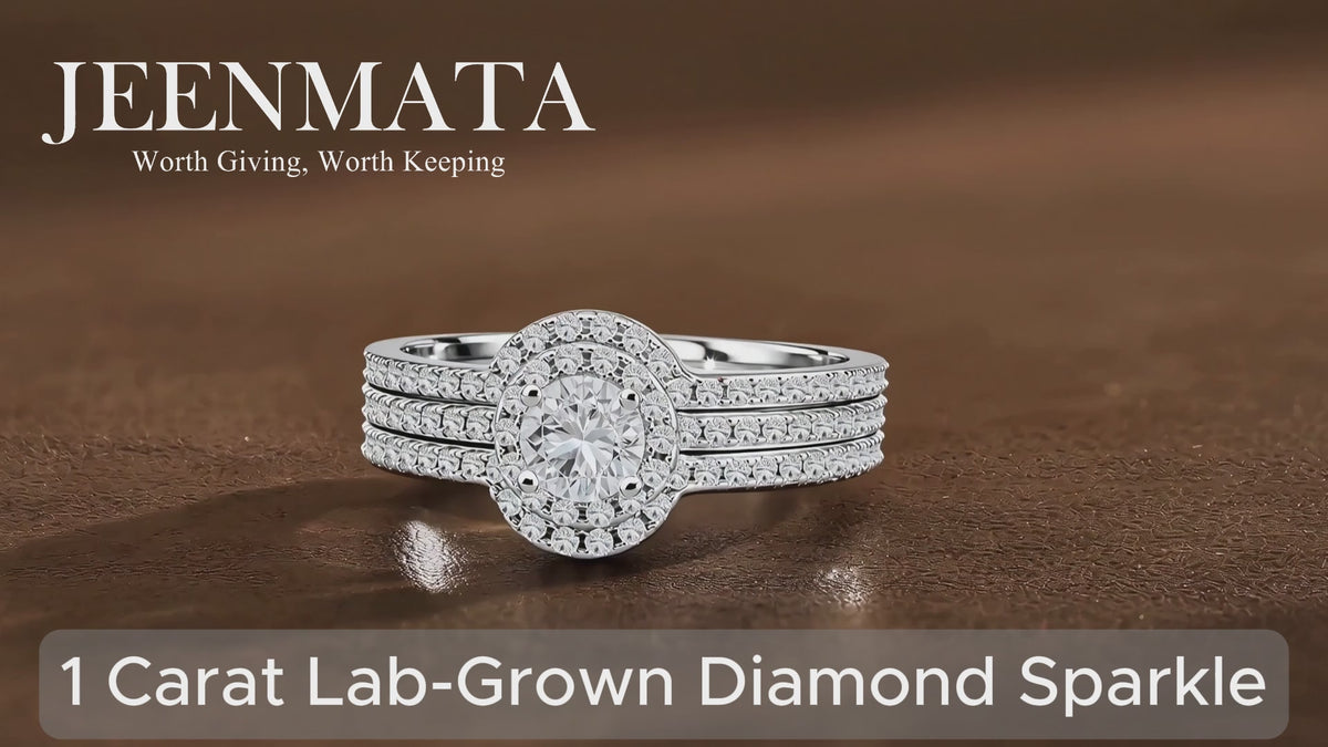 JeenMata 1 Carat Lab Grown Diamond Trio Wedding Ring Set - Round Cut Halo Statement Ring in 18K White Gold Plating for Women