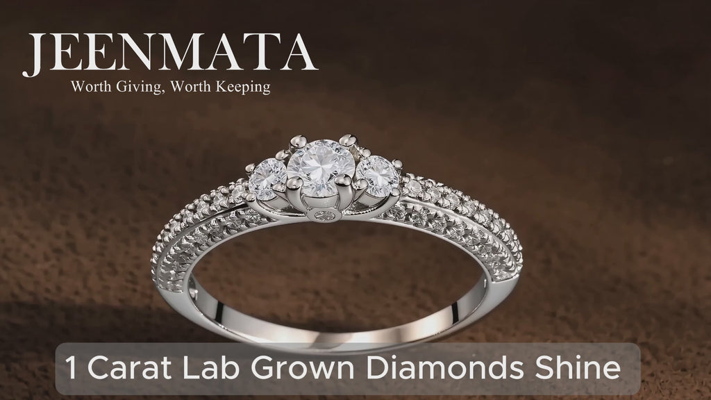 JeenMata 1 Carat Round Cut Lab Grown Diamond Classic Three Stones Engagement Ring - Vintage Style Micro Pave Wedding Ring in 18K White Gold Plating for Women