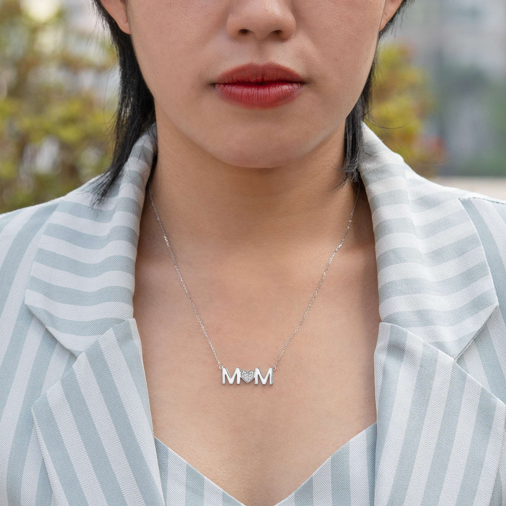 MOM Pendant Necklace - Moissanite Stone - April Birthstone in 18K White Gold over Sterling Silver