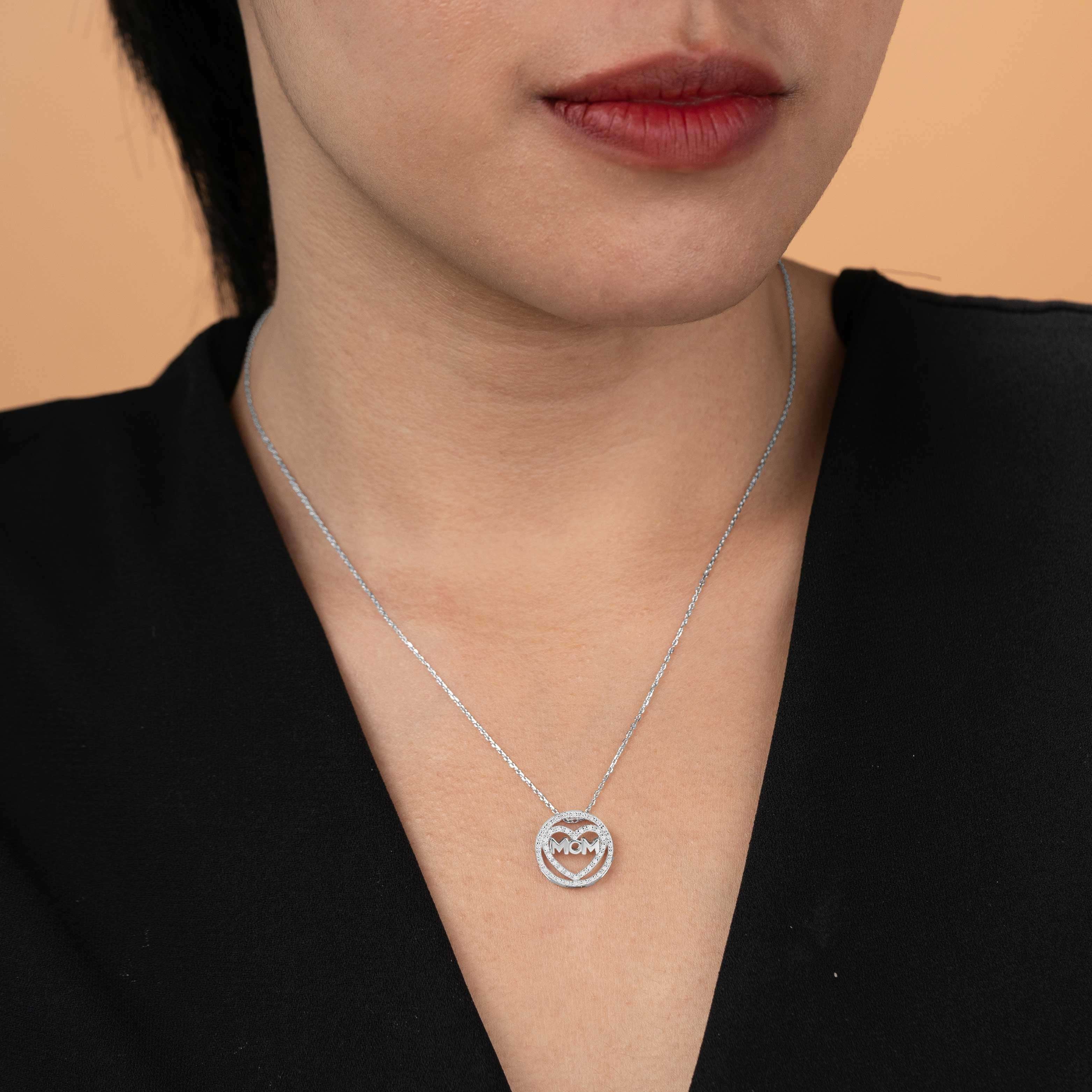 Mom In Heart Moissanite Pendant Necklace in 18K White Gold over Silver