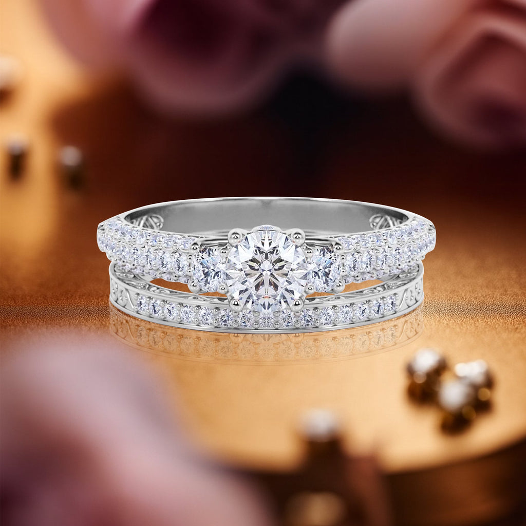 Certified 1.30 Ct Round  Lab Diamond  Three Stones  Bridal Set