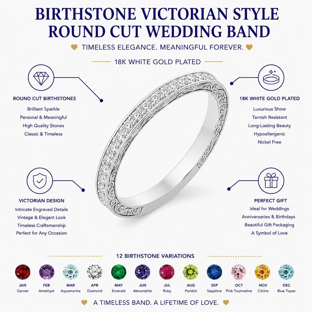 JeenMata Art-Deco 0.25 Carat April Birthstone Victorian Style Round Cut Wedding Band in 18K White Gold Plating for Women