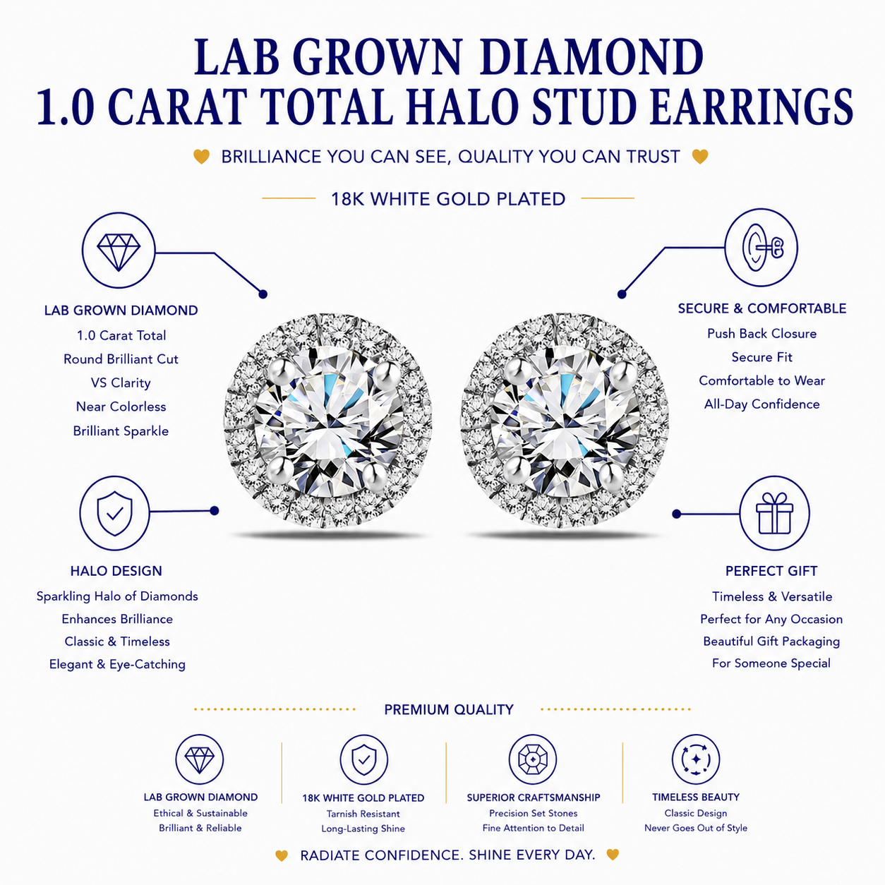 JeenMata Lab Grown Diamond 1 Carat Round Brilliant Cut Halo Stud Earrings in 18K White Gold Plating for Women