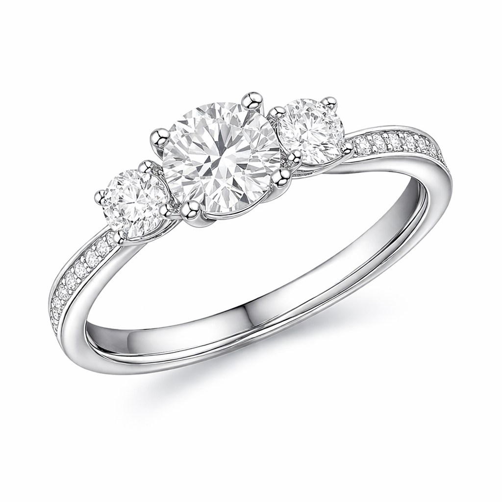 JeenMata 2.25 Carat Round Brilliant Cut Lab Grown Diamond-Three Stone Engagement Rings in 18K White Gold Plating for Women