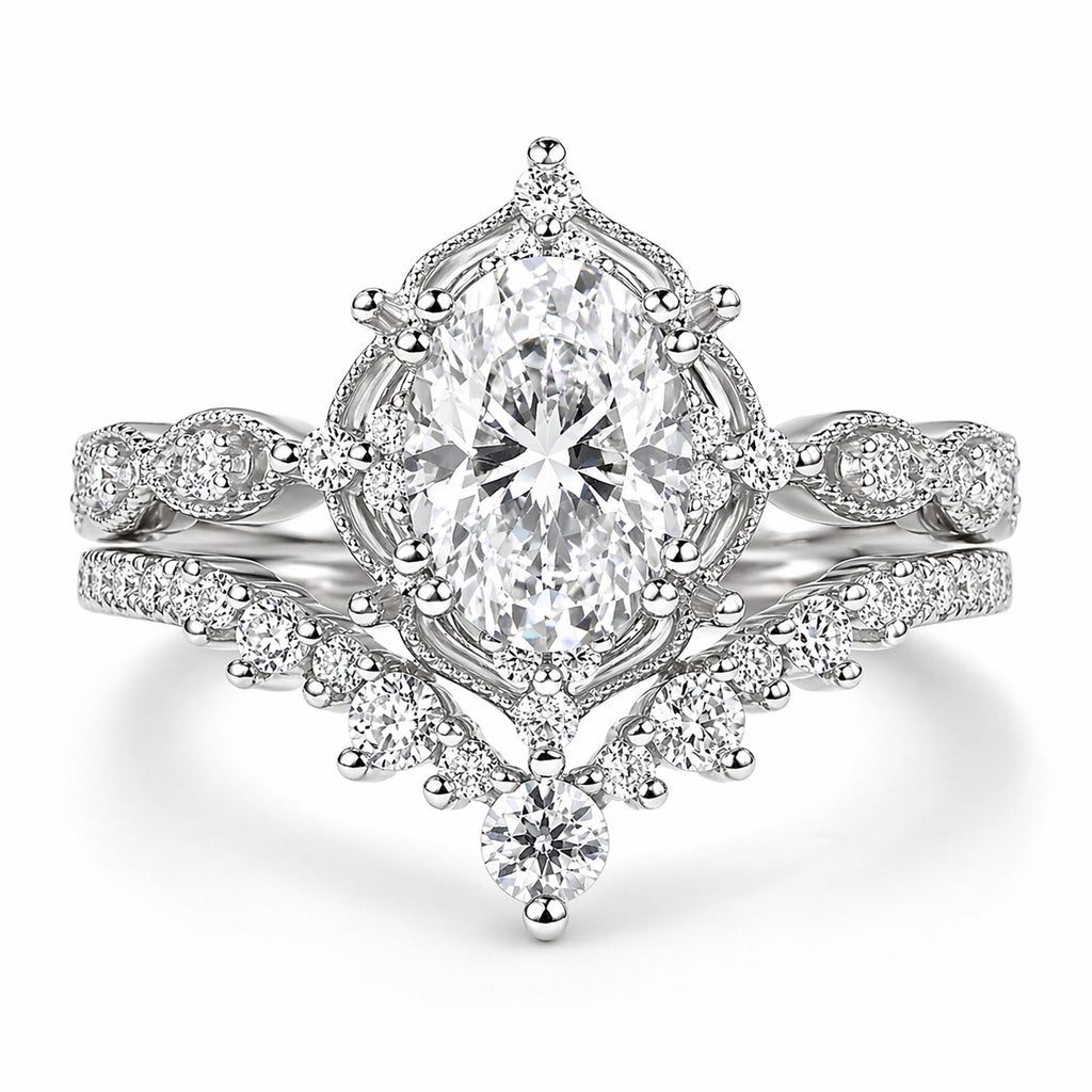 JeenMata 1.50 Carat Oval Lab Grown Diamond Bridal Ring Set, Engagement Ring and Wedding Band Set with Moissanite Accents in 18K White Gold Plating for Women